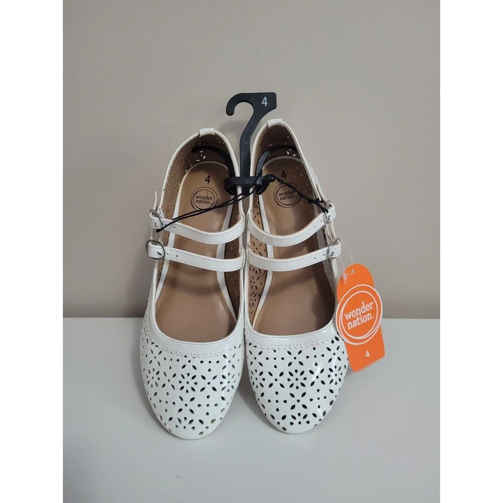 Wonder Nation Double Strap Dress Shoes Block Heels White Cutout Girls 4 NWT